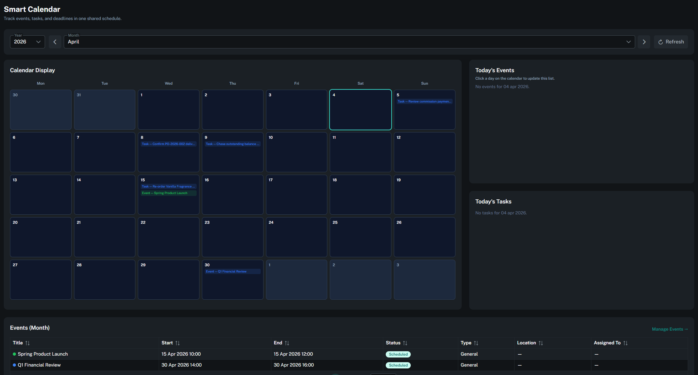 Opyrion calendar showing tasks, events, and deadlines in one monthly view